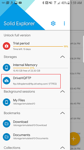 Configure Solid Explorer (By NeatBytes) to connect to DriveHQ FTP 