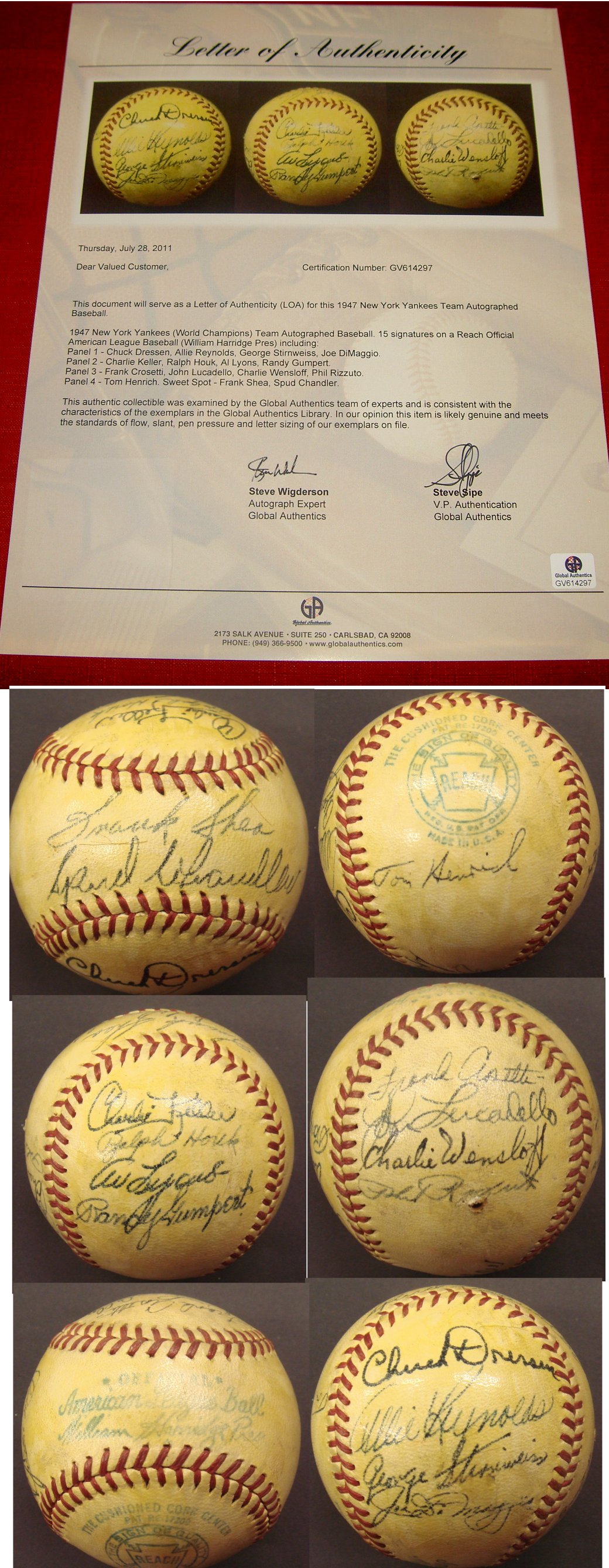 1947 NY YANKEES SIGNED BASEBALL JOE DIMAGGIO PHIL RIZZUTO TOM HENRICH 