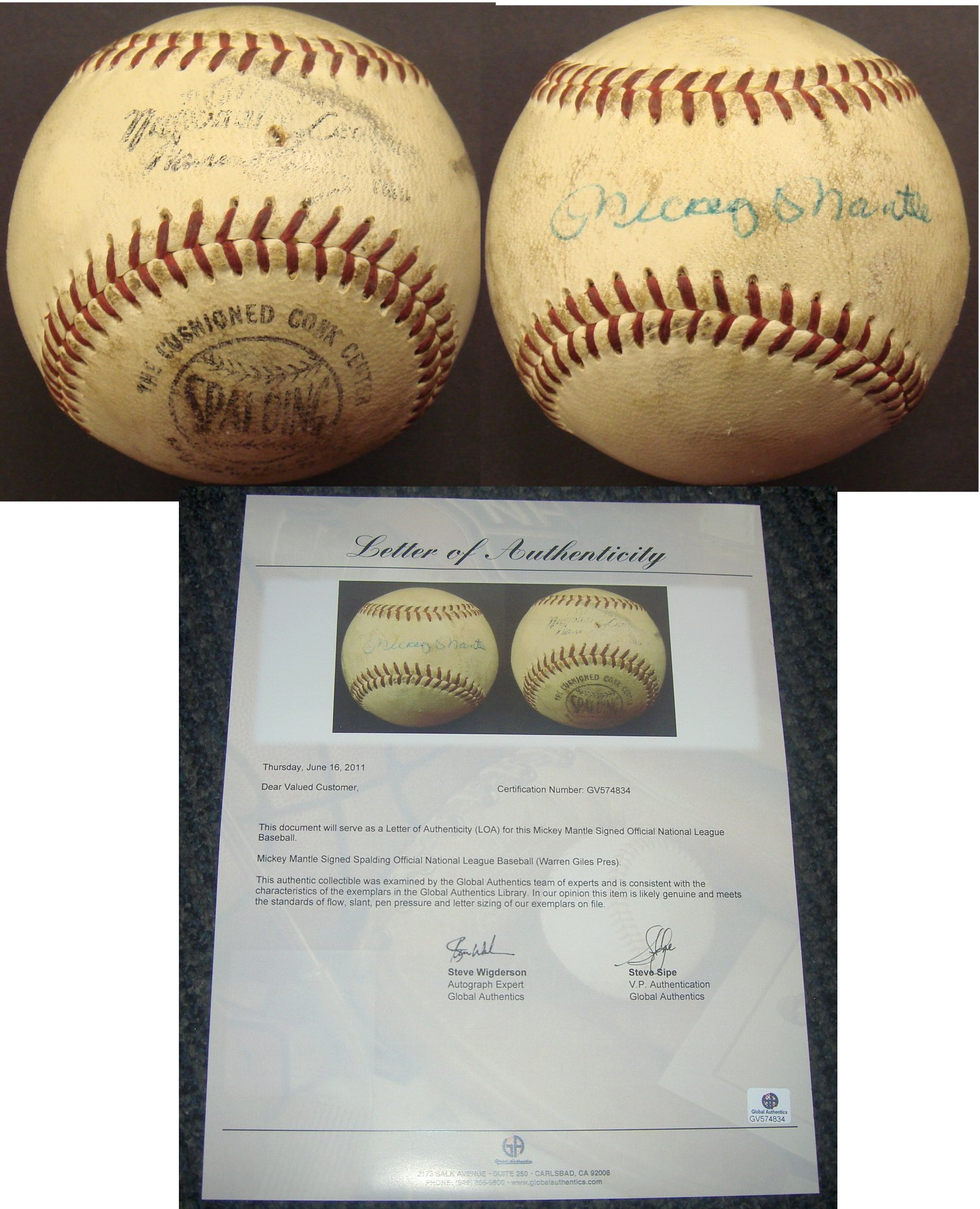 MICKEY MANTLE AUTOGRAPHED SIGNED VINTAGE BASEBALL W/COA  