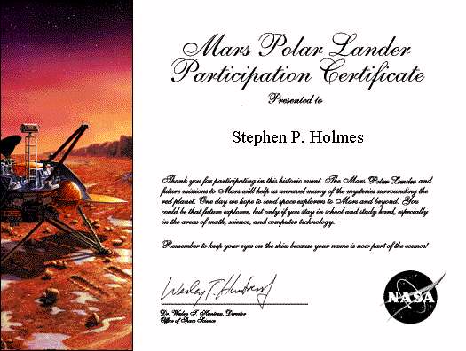 Mars Polar Lander Certificate